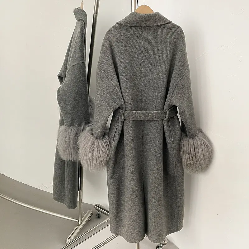 LANMREM High Quality Double-Sided Dark Grey Long Wool Coat Women's Autumn Winter High-End Real Fur Cuffs Patchwork Coats 2DB4002