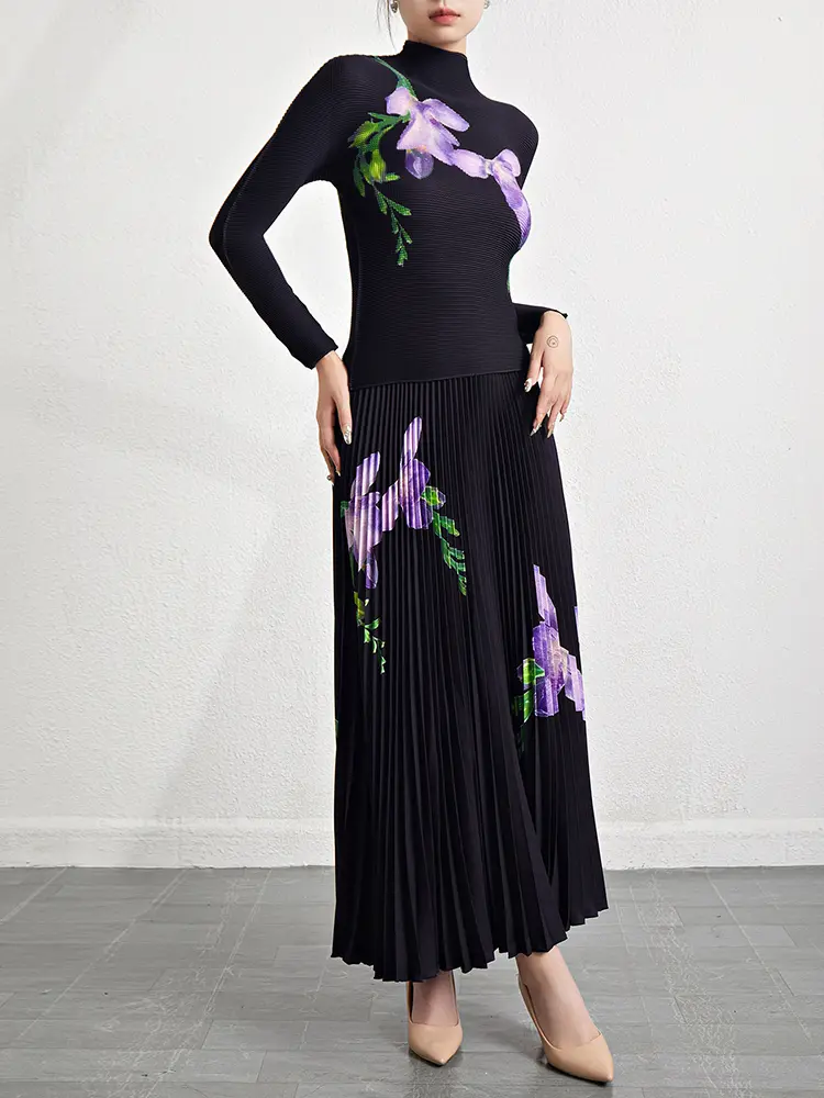 LANMREM High Quality Pleated Printting Women's Two Pieces Set High Elastic Stand Collar Long Sleeve T-shirt And Skirt 2DB3072