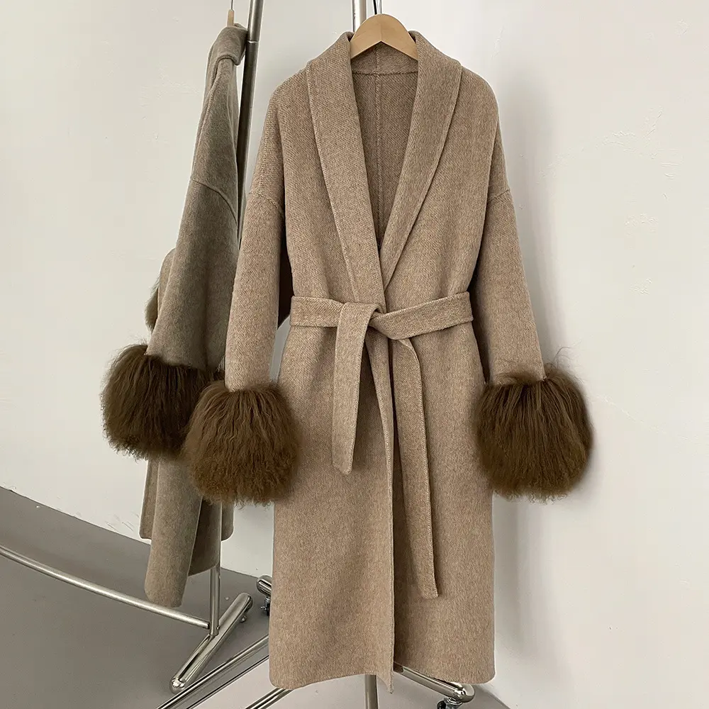 LANMREM High Quality Double-Sided Dark Grey Long Wool Coat Women's Autumn Winter High-End Real Fur Cuffs Patchwork Coats 2DB4002