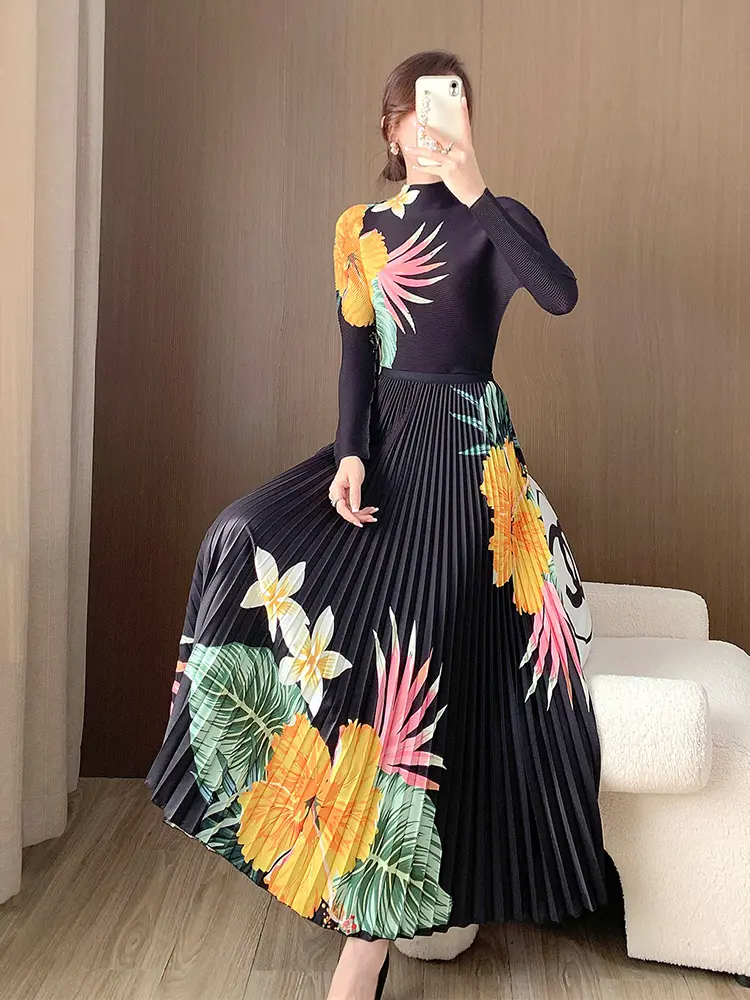 LANMREM High Quality Pleated Printting Women's Two Pieces Set High Elastic Stand Collar Long Sleeve T-shirt And Skirt 2DB3072