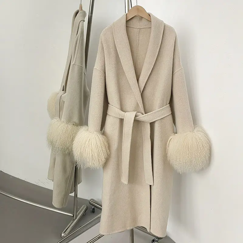 LANMREM High Quality Double-Sided Dark Grey Long Wool Coat Women's Autumn Winter High-End Real Fur Cuffs Patchwork Coats 2DB4002