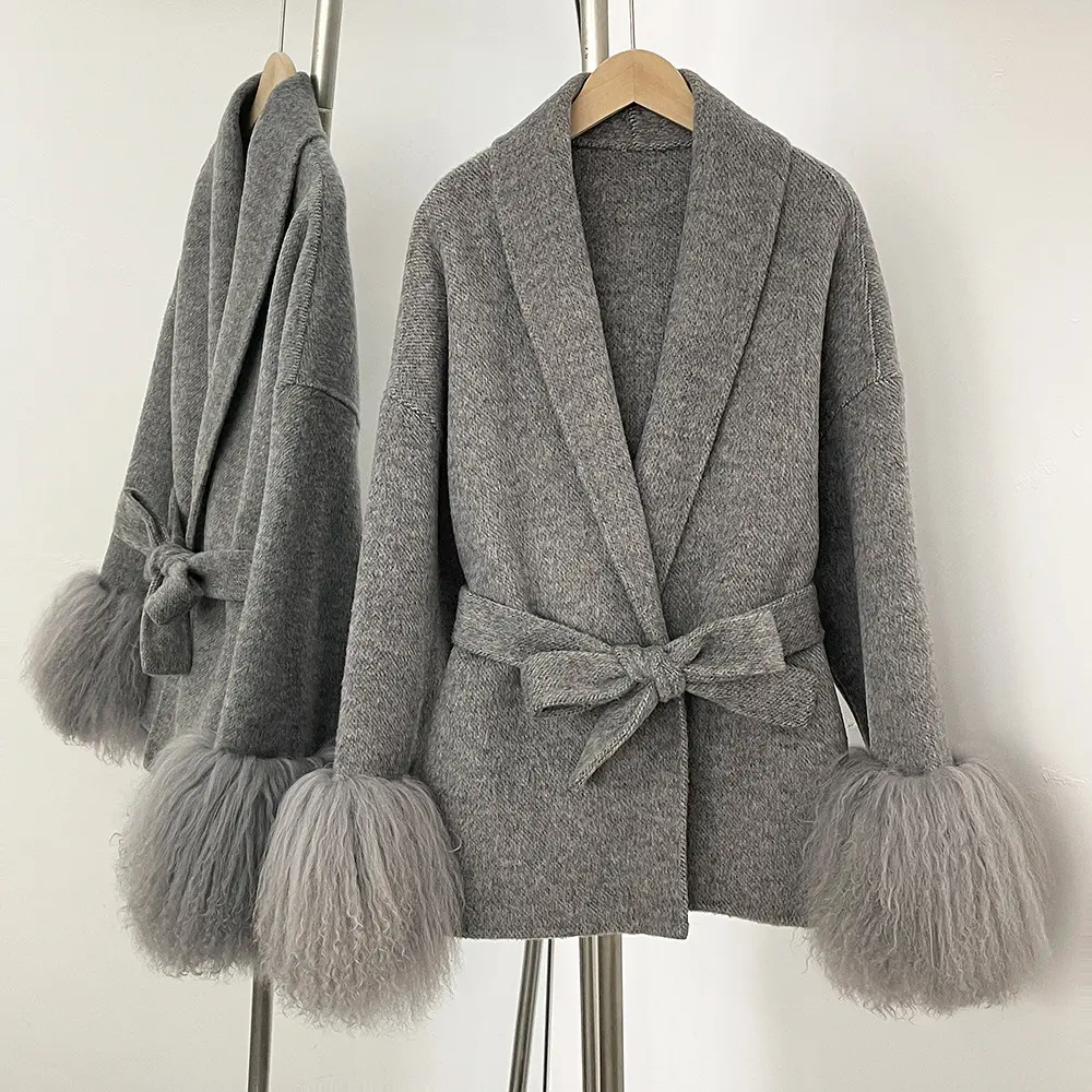 LANMREM High Quality Double-Sided Dark Grey Long Wool Coat Women's Autumn Winter High-End Real Fur Cuffs Patchwork Coats 2DB4002