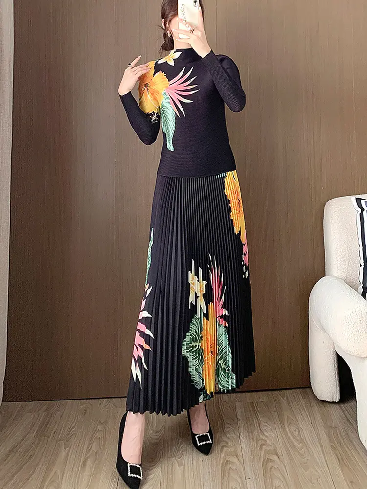 LANMREM High Quality Pleated Printting Women's Two Pieces Set High Elastic Stand Collar Long Sleeve T-shirt And Skirt 2DB3072