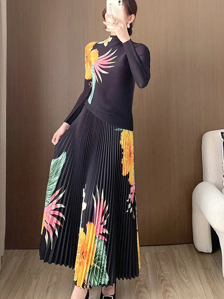 LANMREM High Quality Pleated Printting Women's Two Pieces Set High Elastic Stand Collar Long Sleeve T-shirt And Skirt 2DB3072