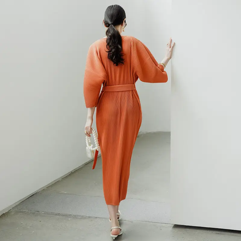 LANMREM High-End Half Sleeve Pleated Dress Chic New Casual Tie Design Profile Elastic Loose Famale Clothing With Belt 2DB4059