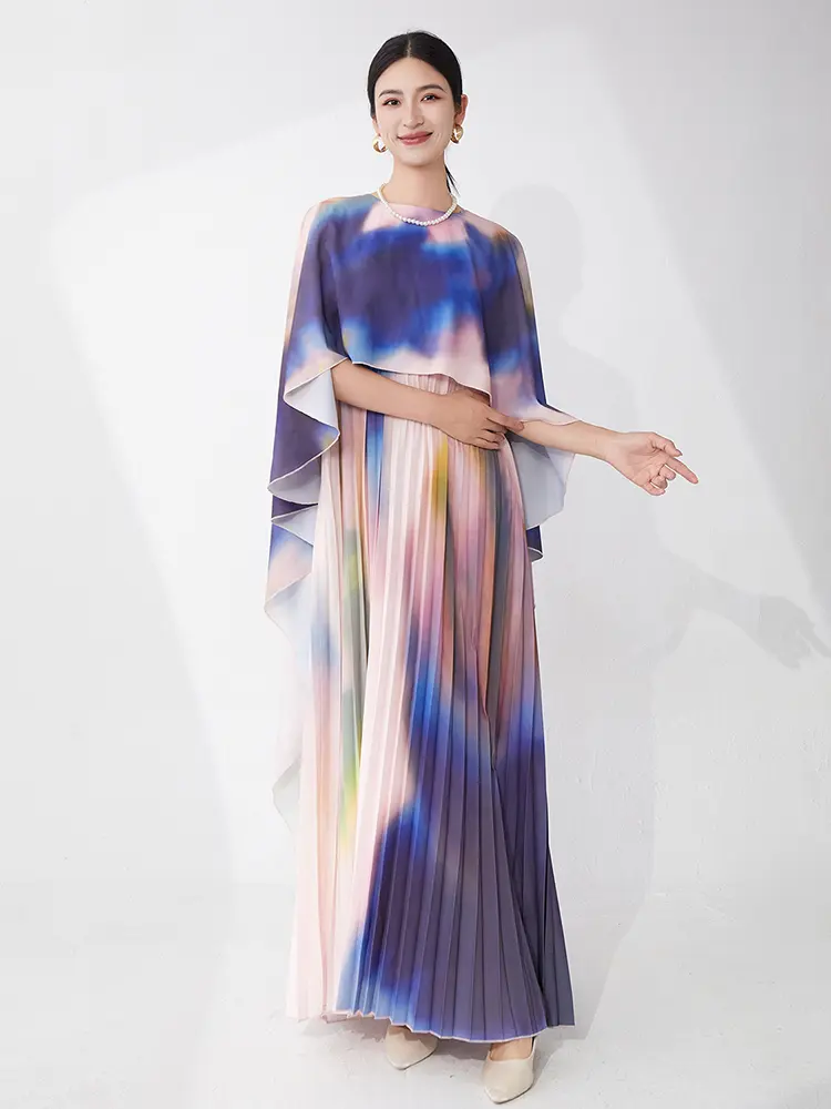 LANMREM Fake Two Pieces Set Women's Pleated Dress 2025 Summer Trend Shawl One-piece Irregular Temperament Long Dresses 2DB3507
