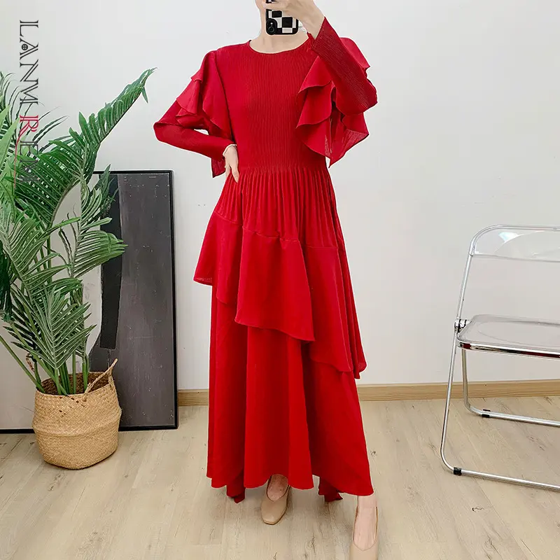 LANMREM Heavy Industry Embroidered Tierred Long Sleeves Pleated Woemn's Dress Elastic Slim Irregular Patchwork Dresses 2DB3665