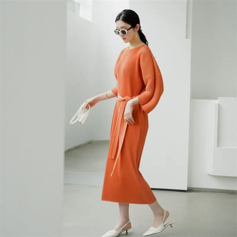 LANMREM High-End Half Sleeve Pleated Dress Chic New Casual Tie Design Profile Elastic Loose Famale Clothing With Belt 2DB4059
