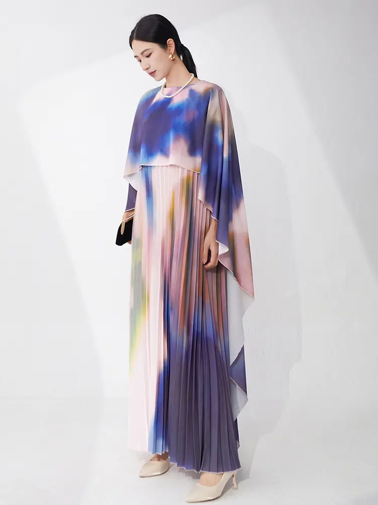 LANMREM Fake Two Pieces Set Women's Pleated Dress 2025 Summer Trend Shawl One-piece Irregular Temperament Long Dresses 2DB3507