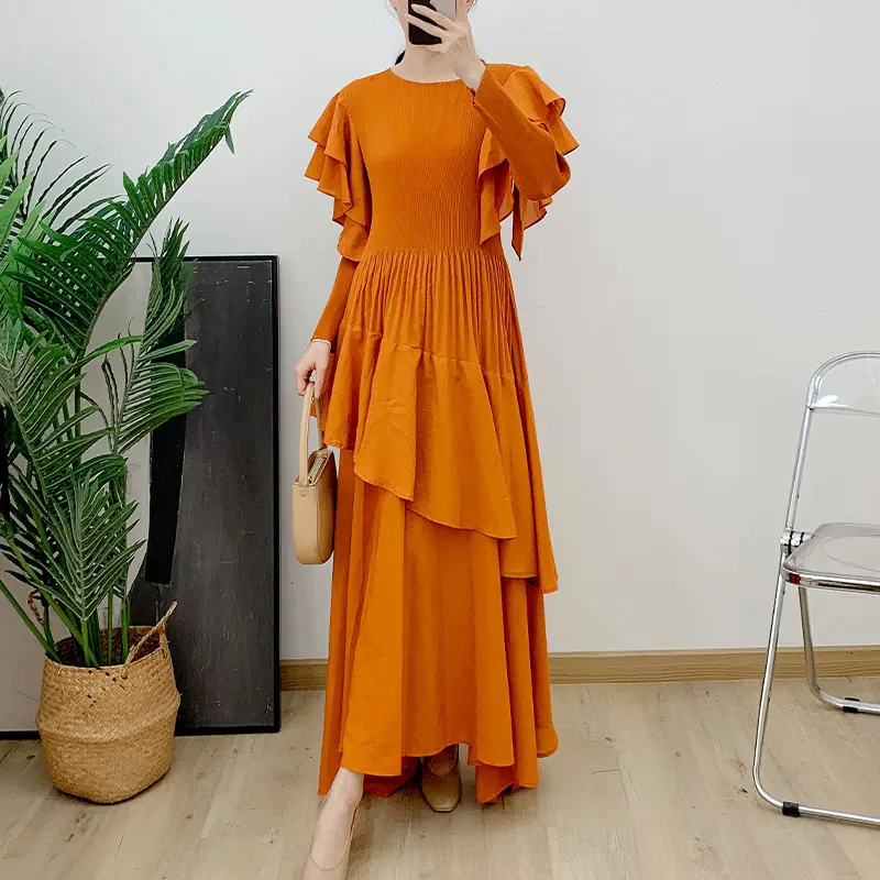 LANMREM Heavy Industry Embroidered Tierred Long Sleeves Pleated Woemn's Dress Elastic Slim Irregular Patchwork Dresses 2DB3665