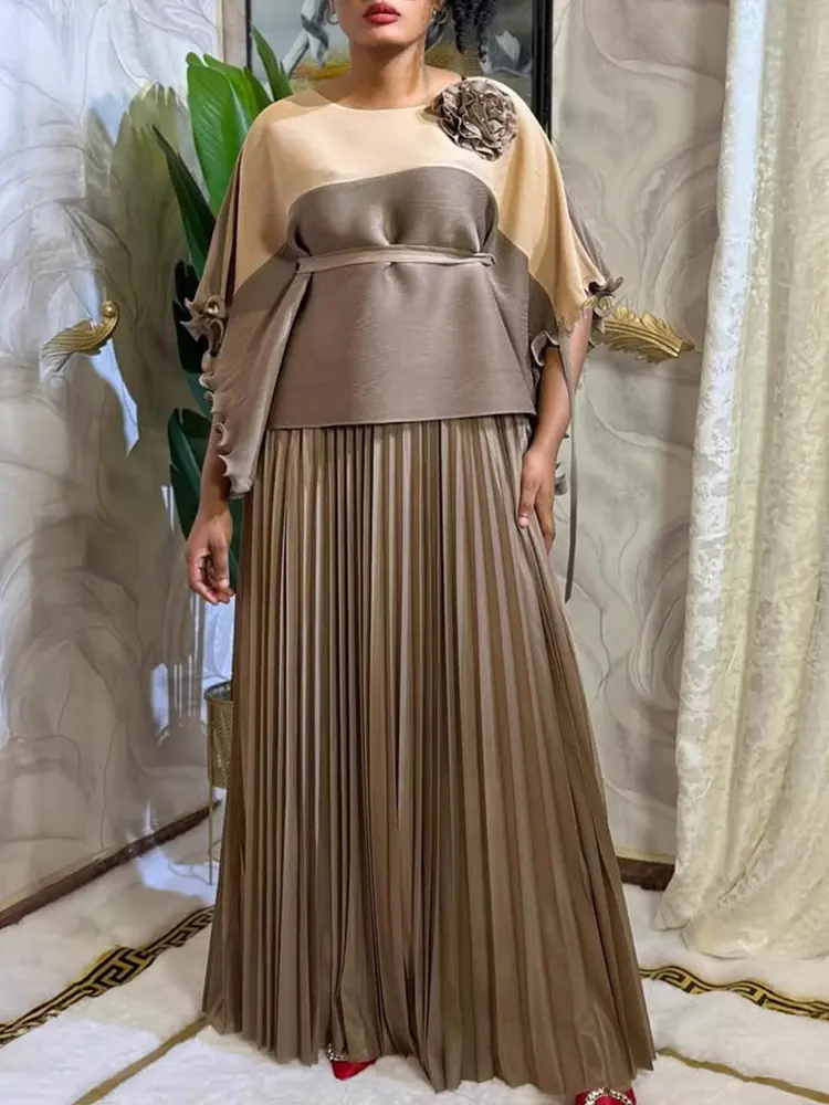 LANMREM Colorblock Spliced Design Women's Two Pieces Set Ruffle Batwing Half Sleeve Bandage Top And Elastic Waist Skirt 2DB3480
