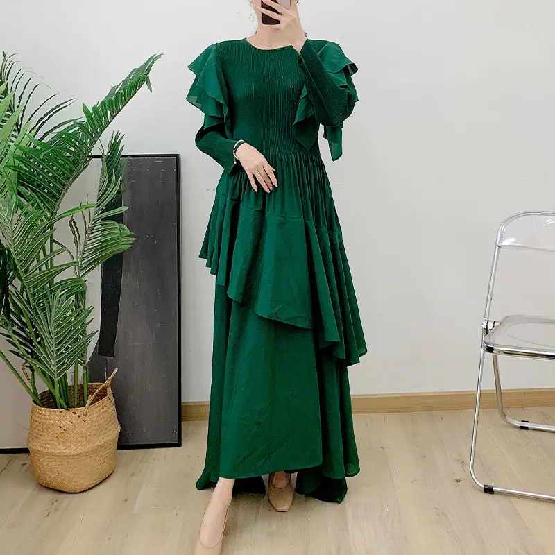 LANMREM Heavy Industry Embroidered Tierred Long Sleeves Pleated Woemn's Dress Elastic Slim Irregular Patchwork Dresses 2DB3665