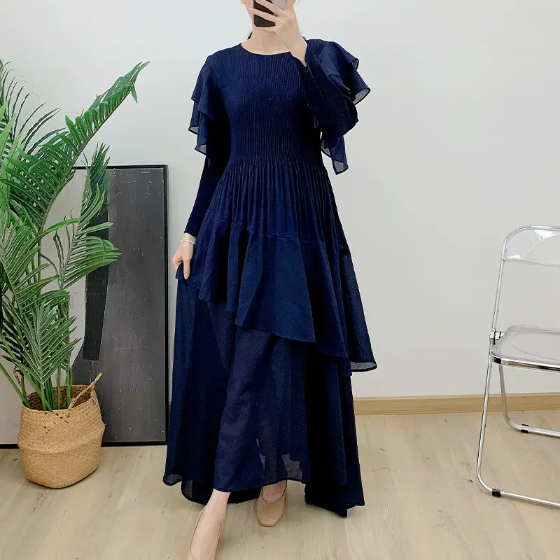 LANMREM Heavy Industry Embroidered Tierred Long Sleeves Pleated Woemn's Dress Elastic Slim Irregular Patchwork Dresses 2DB3665