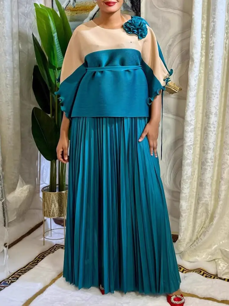 LANMREM Colorblock Spliced Design Women's Two Pieces Set Ruffle Batwing Half Sleeve Bandage Top And Elastic Waist Skirt 2DB3480