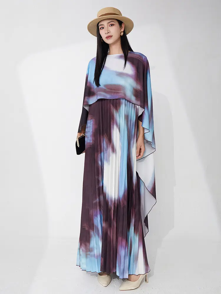 LANMREM Fake Two Pieces Set Women's Pleated Dress 2025 Summer Trend Shawl One-piece Irregular Temperament Long Dresses 2DB3507