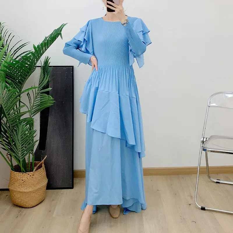 LANMREM Heavy Industry Embroidered Tierred Long Sleeves Pleated Woemn's Dress Elastic Slim Irregular Patchwork Dresses 2DB3665