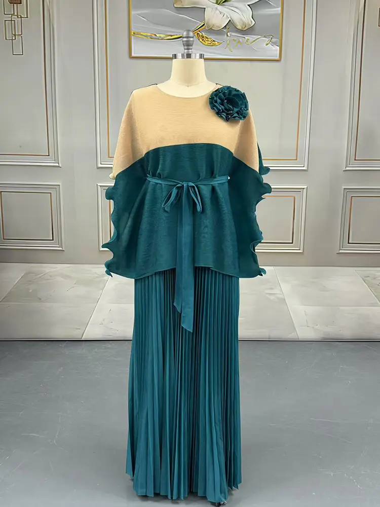 LANMREM Colorblock Spliced Design Women's Two Pieces Set Ruffle Batwing Half Sleeve Bandage Top And Elastic Waist Skirt 2DB3480