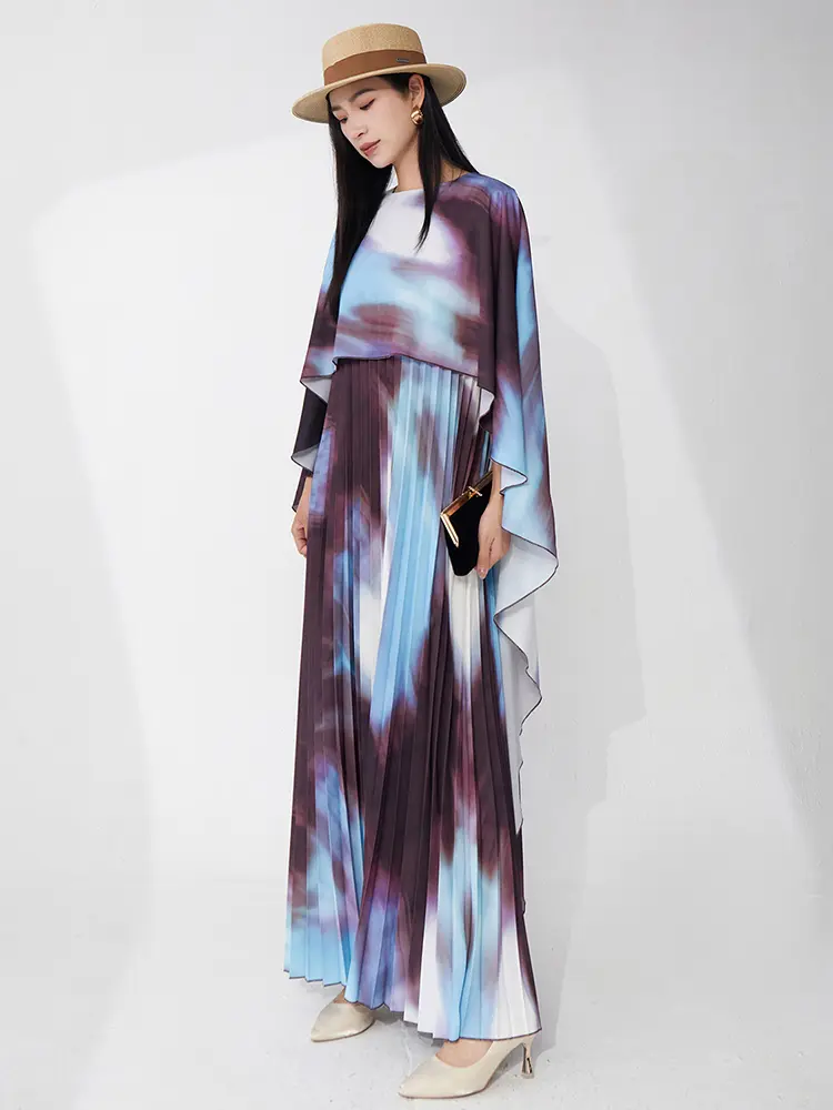 LANMREM Fake Two Pieces Set Women's Pleated Dress 2025 Summer Trend Shawl One-piece Irregular Temperament Long Dresses 2DB3507