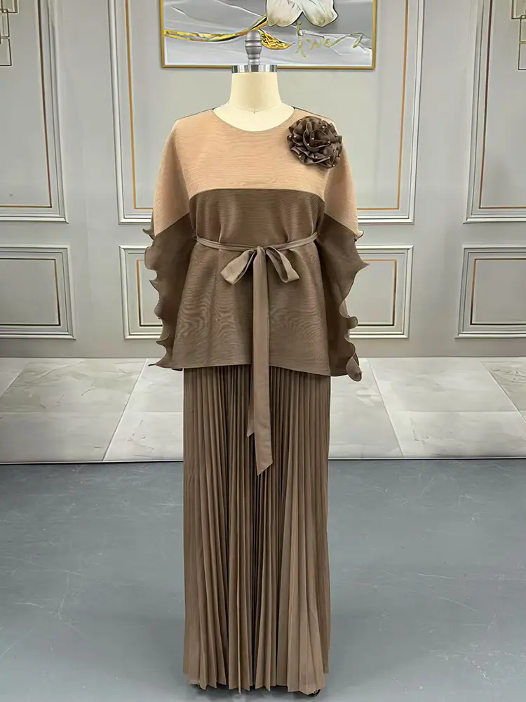 LANMREM Colorblock Spliced Design Women's Two Pieces Set Ruffle Batwing Half Sleeve Bandage Top And Elastic Waist Skirt 2DB3480