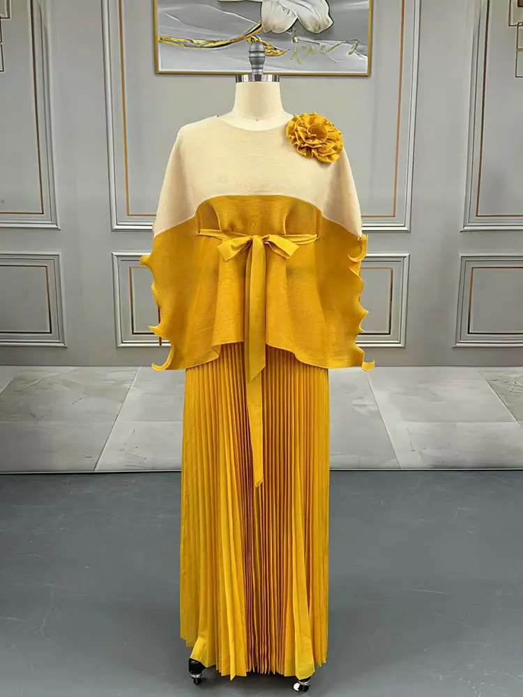 LANMREM Colorblock Spliced Design Women's Two Pieces Set Ruffle Batwing Half Sleeve Bandage Top And Elastic Waist Skirt 2DB3480
