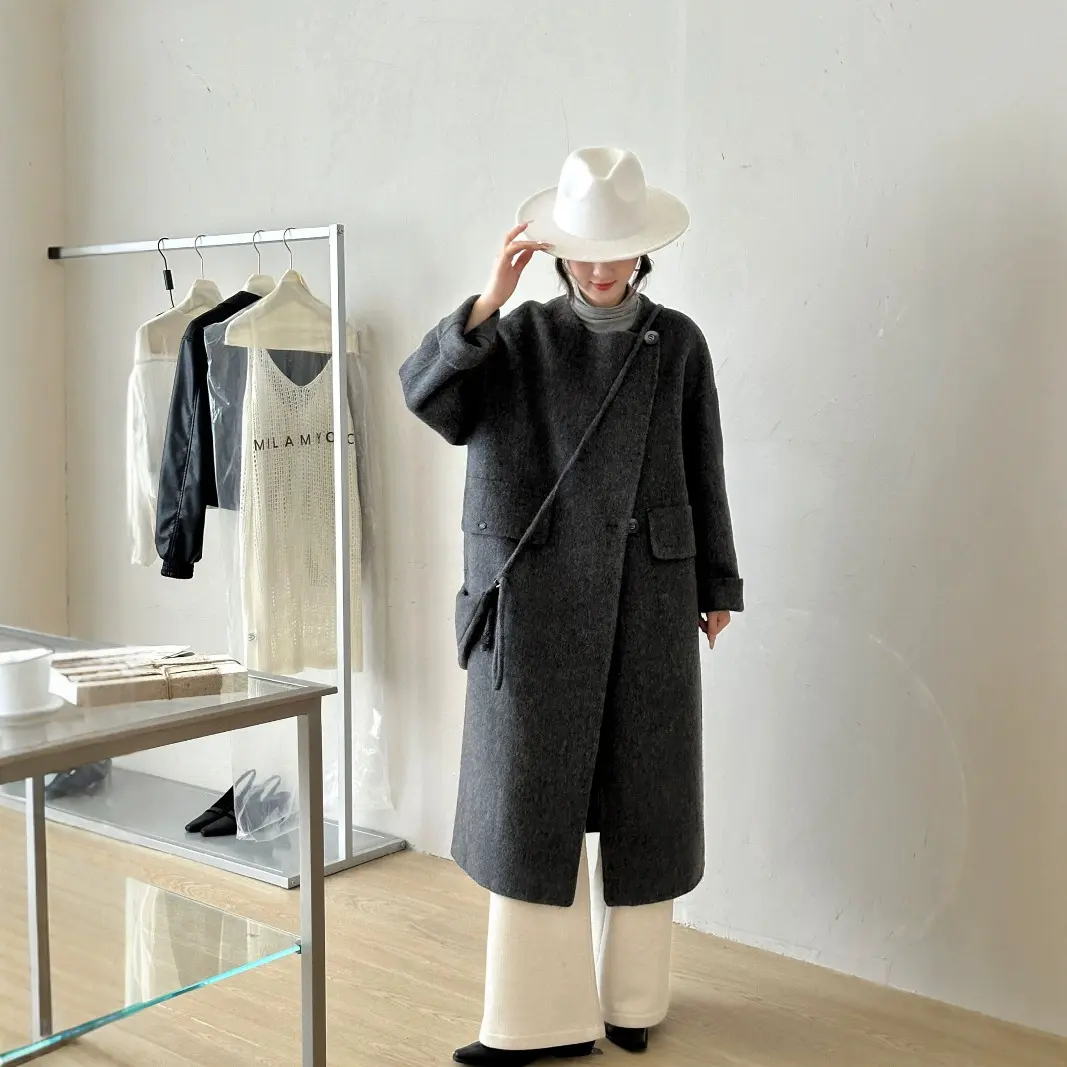 LANMREM High Quality Round Neck Raglan Long Sleeve Women's Double Sided Woolen Coat With Bag Autumn Winter Chic Clothing 2DB4129