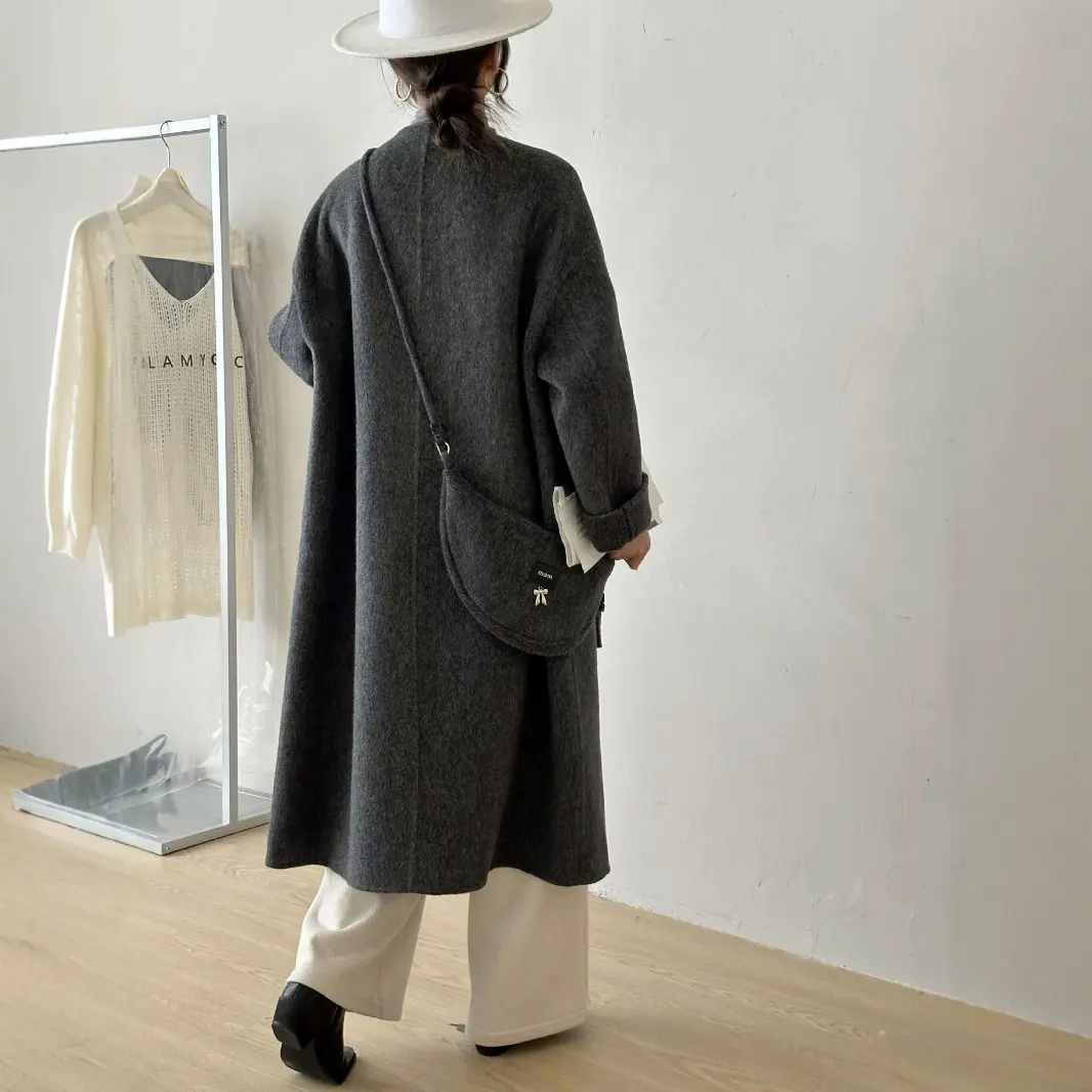 LANMREM High Quality Round Neck Raglan Long Sleeve Women's Double Sided Woolen Coat With Bag Autumn Winter Chic Clothing 2DB4129