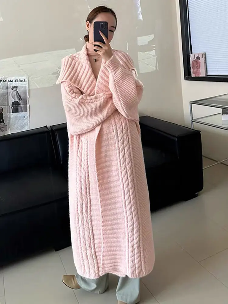 LANMREM Casual Long Knited Cardigan Women's 2025 Spring Winter New Big Lapel Solid Color High-end Sweaters Female 2Z3121
