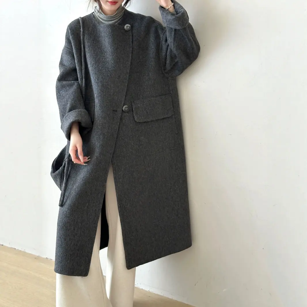 LANMREM High Quality Round Neck Raglan Long Sleeve Women's Double Sided Woolen Coat With Bag Autumn Winter Chic Clothing 2DB4129