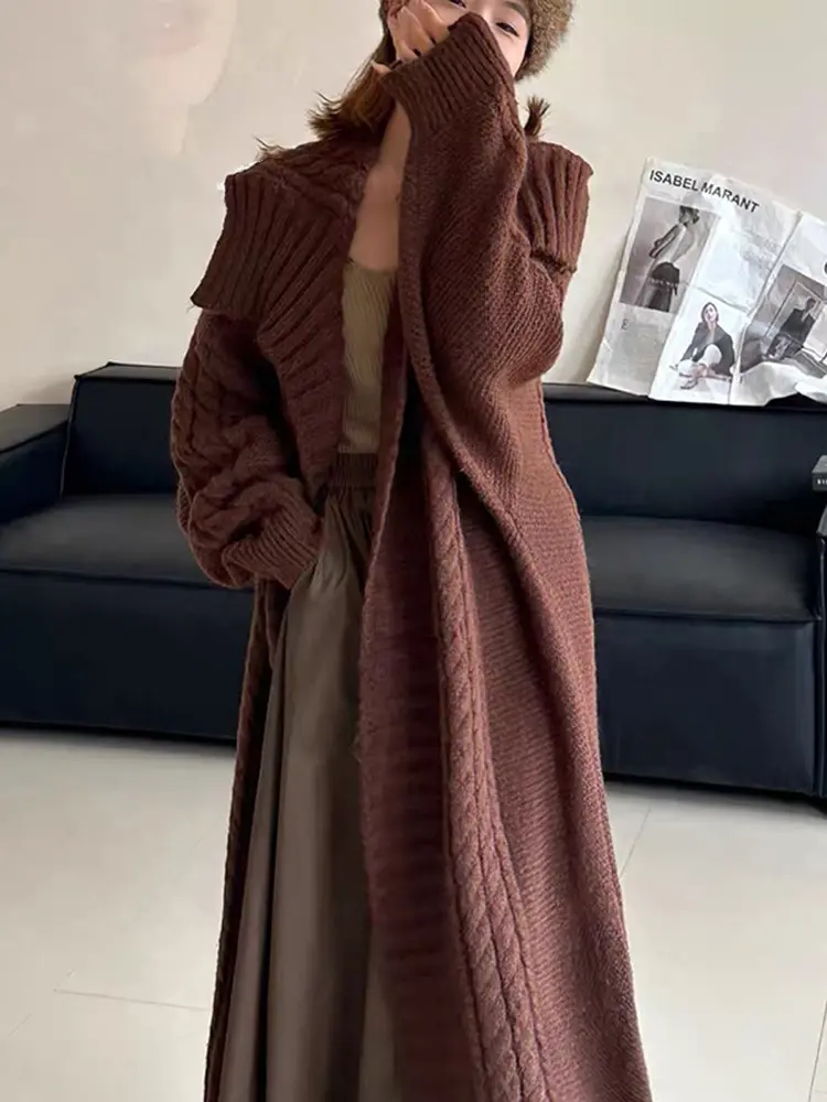 LANMREM Casual Long Knited Cardigan Women's 2025 Spring Winter New Big Lapel Solid Color High-end Sweaters Female 2Z3121