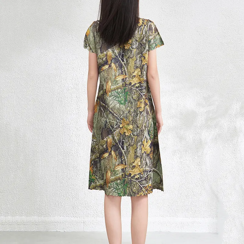 LANMREM Chic Leaf Printting Women's Summer Dress Fashion 2025 New Elegant Stand Collar Elastic Loose Mid-length Dresses 2DB3861