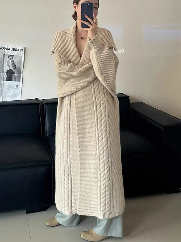 LANMREM Casual Long Knited Cardigan Women's 2025 Spring Winter New Big Lapel Solid Color High-end Sweaters Female 2Z3121