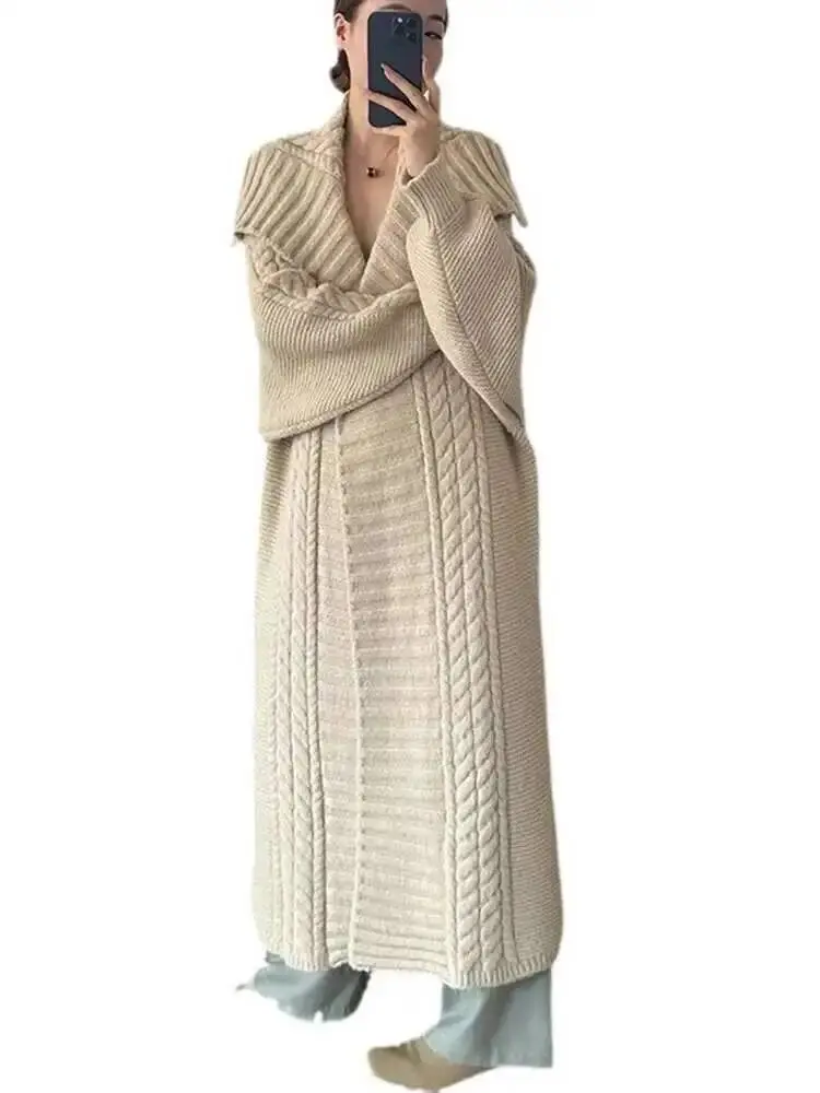 LANMREM Casual Long Knited Cardigan Women's 2025 Spring Winter New Big Lapel Solid Color High-end Sweaters Female 2Z3121