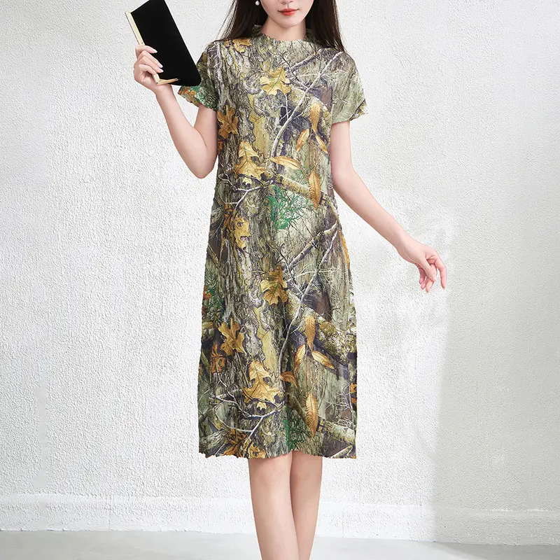 LANMREM Chic Leaf Printting Women's Summer Dress Fashion 2025 New Elegant Stand Collar Elastic Loose Mid-length Dresses 2DB3861