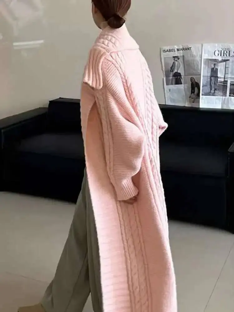 LANMREM Casual Long Knited Cardigan Women's 2025 Spring Winter New Big Lapel Solid Color High-end Sweaters Female 2Z3121
