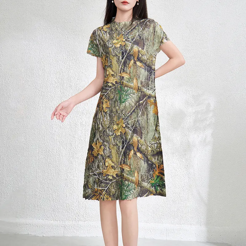 LANMREM Chic Leaf Printting Women's Summer Dress Fashion 2025 New Elegant Stand Collar Elastic Loose Mid-length Dresses 2DB3861