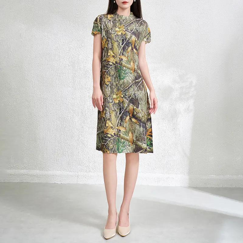 LANMREM Chic Leaf Printting Women's Summer Dress Fashion 2025 New Elegant Stand Collar Elastic Loose Mid-length Dresses 2DB3861