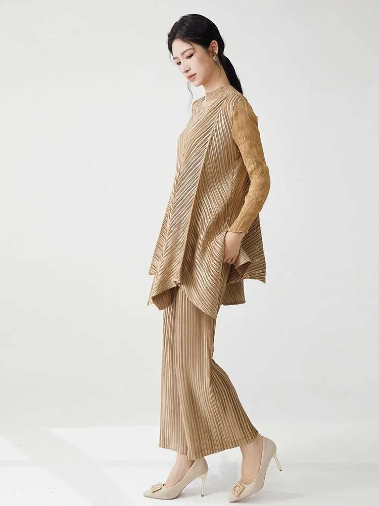 LANMREM High Quality Women's Pleated Two Pieces Sets 2025 New Loose Stand Collar Long Tops And Wide Leg Straight Pants 2DB2679