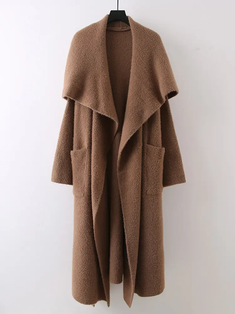 LANMREM Elegant Knited Cardigan Women's Big Lapel Solid Color Pockets Design Mid Length Sweaters 2025 Spring Winter New 2Z3123