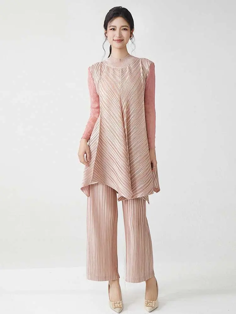 LANMREM High Quality Women's Pleated Two Pieces Sets 2025 New Loose Stand Collar Long Tops And Wide Leg Straight Pants 2DB2679