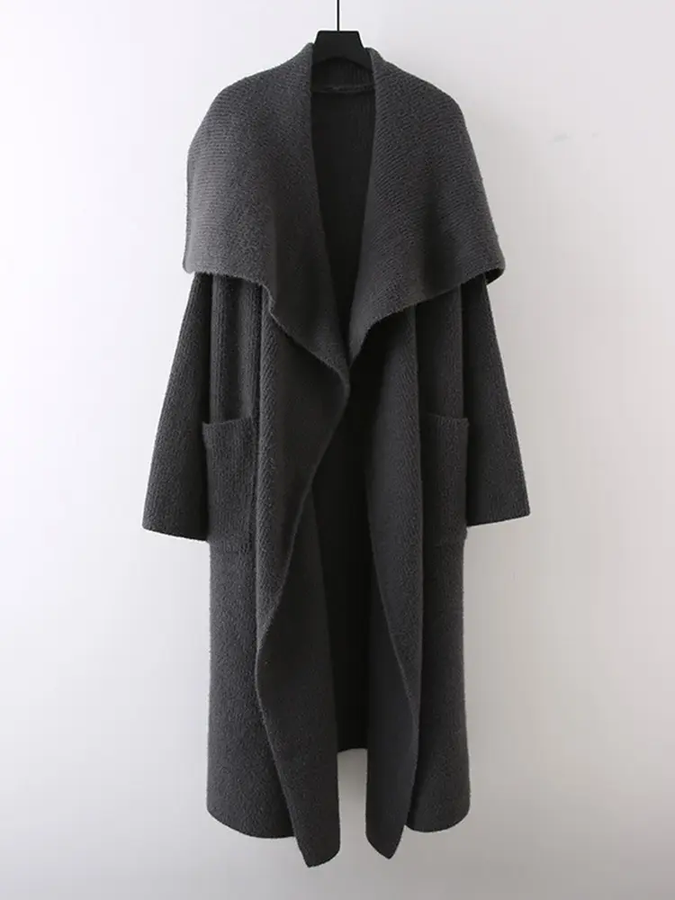 LANMREM Elegant Knited Cardigan Women's Big Lapel Solid Color Pockets Design Mid Length Sweaters 2025 Spring Winter New 2Z3123