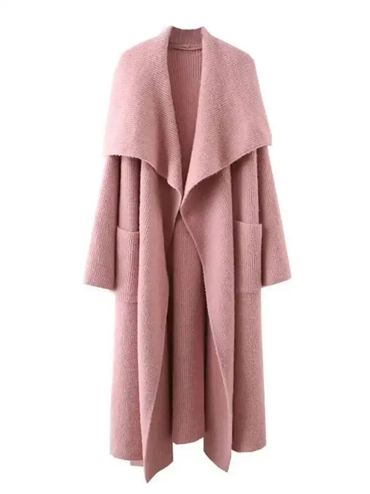 LANMREM Elegant Knited Cardigan Women's Big Lapel Solid Color Pockets Design Mid Length Sweaters 2025 Spring Winter New 2Z3123