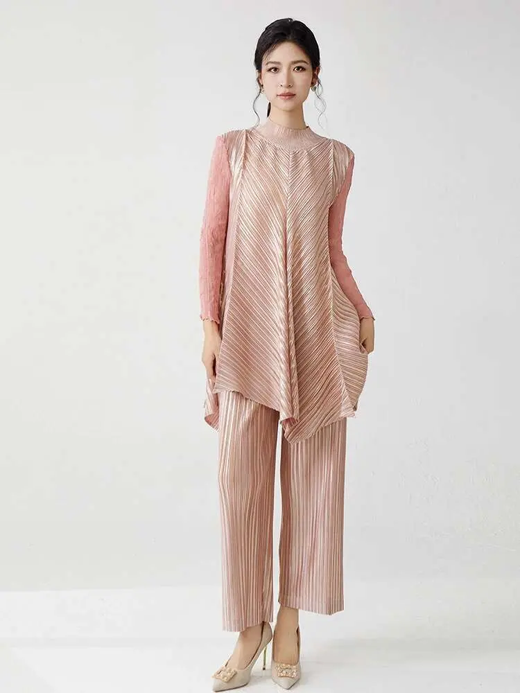 LANMREM High Quality Women's Pleated Two Pieces Sets 2025 New Loose Stand Collar Long Tops And Wide Leg Straight Pants 2DB2679