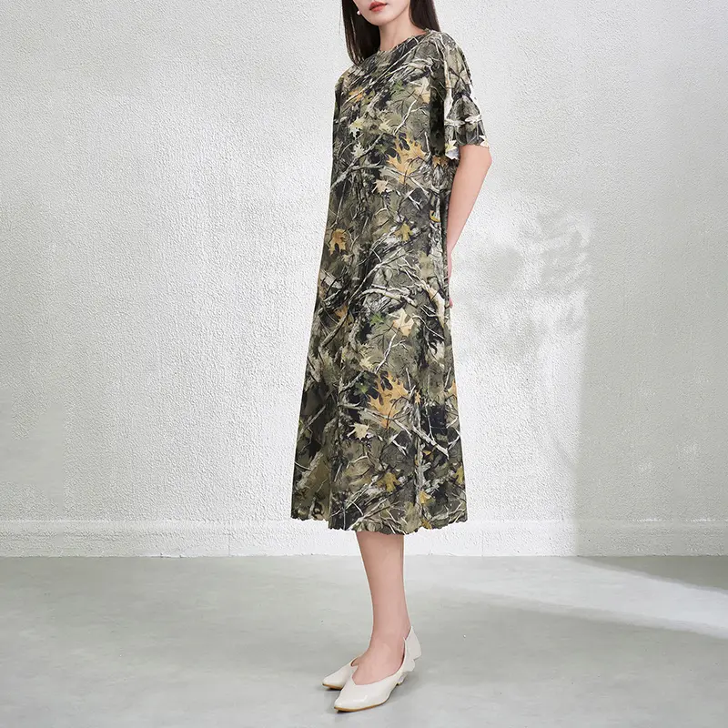 LANMREM Pleated Pritting Chic Women's Midi Dress Elastic Loose Summer New Elegant Fashion Literary Style Printed Dresses 2DB3888