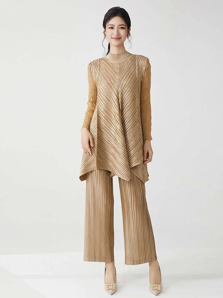 LANMREM High Quality Women's Pleated Two Pieces Sets 2025 New Loose Stand Collar Long Tops And Wide Leg Straight Pants 2DB2679