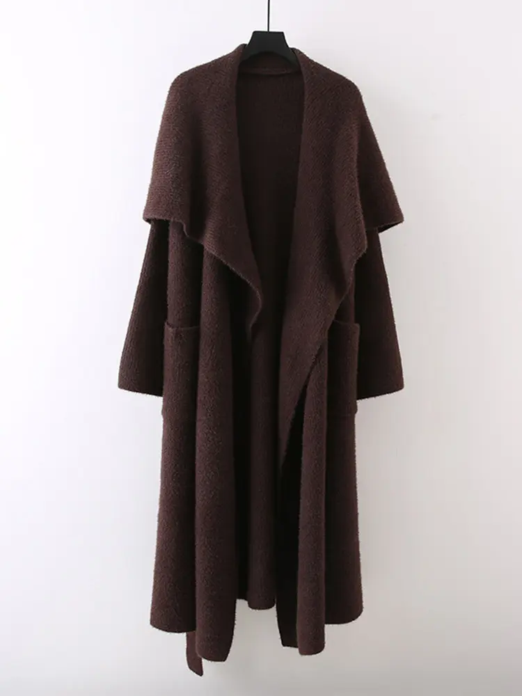 LANMREM Elegant Knited Cardigan Women's Big Lapel Solid Color Pockets Design Mid Length Sweaters 2025 Spring Winter New 2Z3123