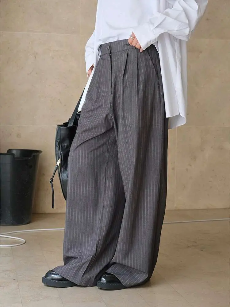 LANMREM Spliced Design Striped Pant For Women High Waist Wide Leg Trousers Office Lady Loose Clothing 2025 Spring New 26C149