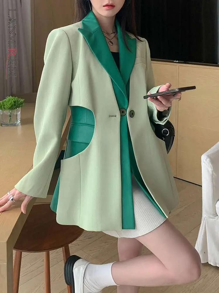 LANMREM Designer Fashion Blazer For Women Leather Spliced Single Button Long Sleeve Tide Female Coat 2025 New 26D1798