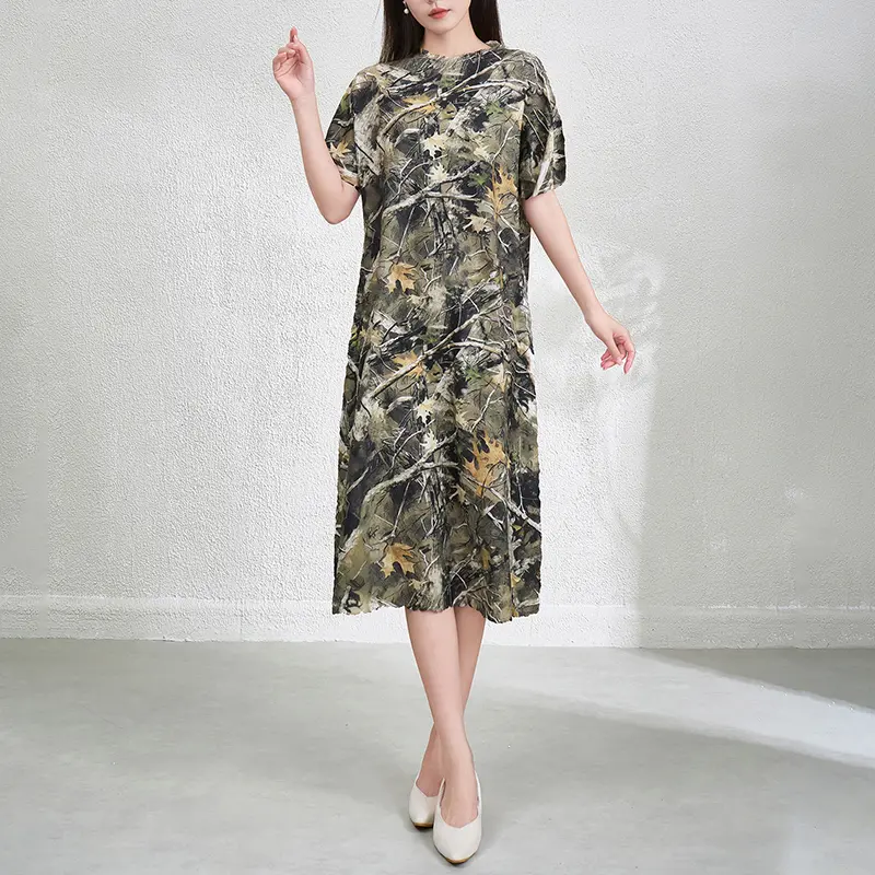 LANMREM Pleated Pritting Chic Women's Midi Dress Elastic Loose Summer New Elegant Fashion Literary Style Printed Dresses 2DB3888