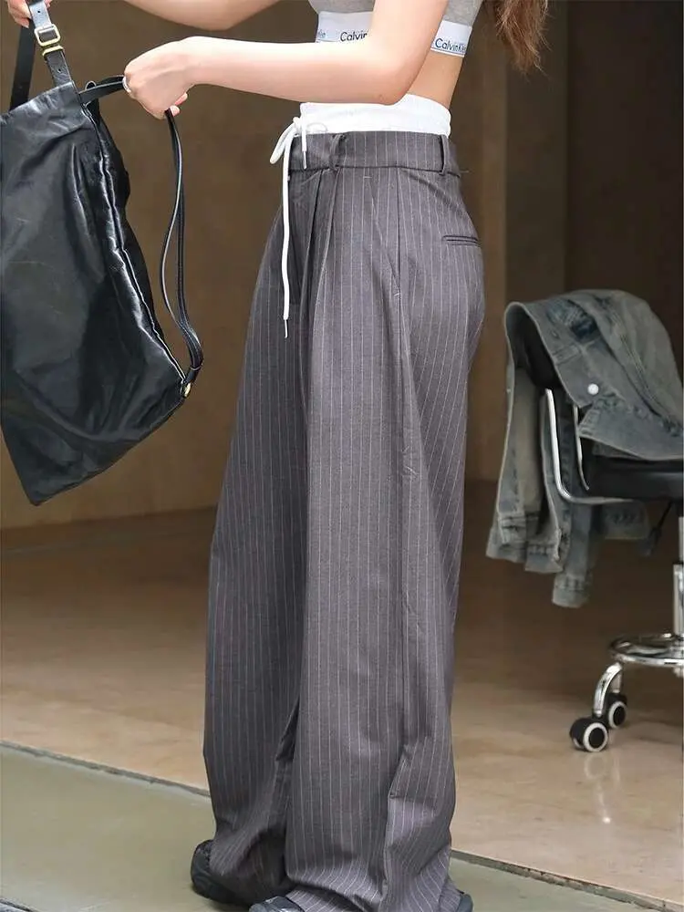 LANMREM Spliced Design Striped Pant For Women High Waist Wide Leg Trousers Office Lady Loose Clothing 2025 Spring New 26C149