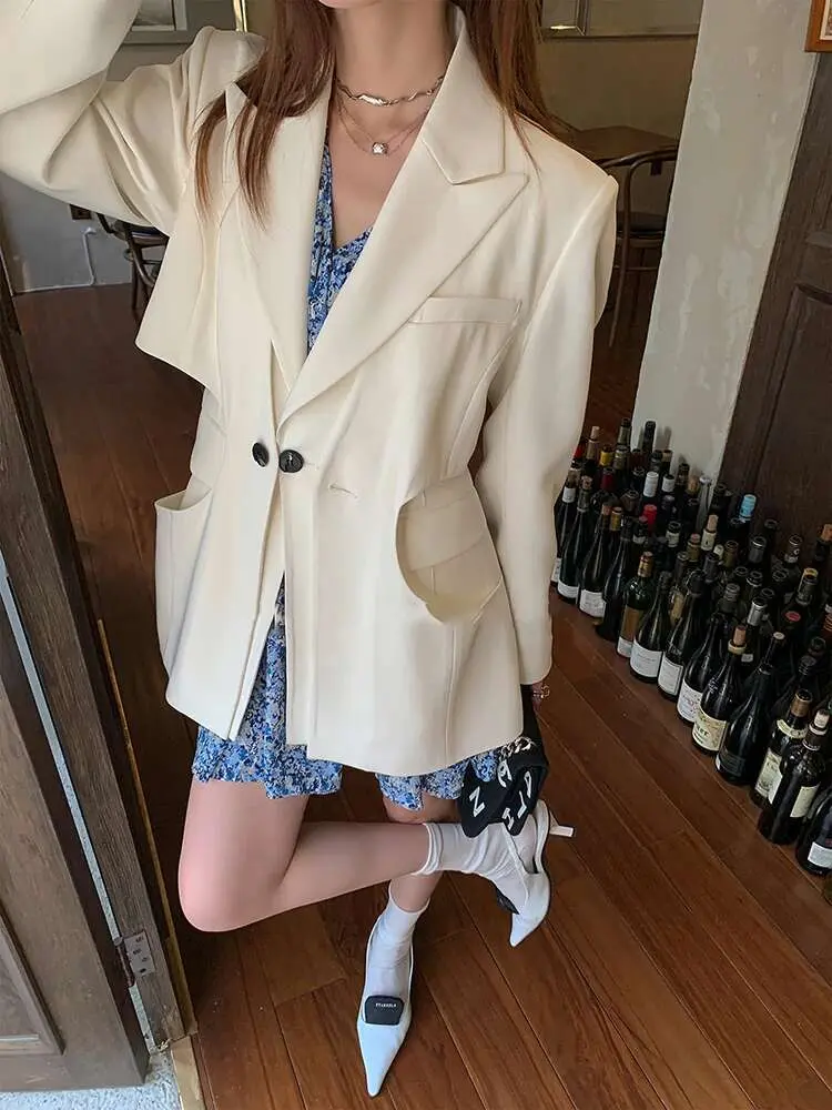 LANMREM Designer Fashion Blazer For Women Leather Spliced Single Button Long Sleeve Tide Female Coat 2025 New 26D1798